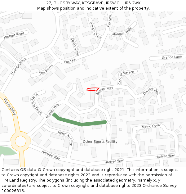 27, BUGSBY WAY, KESGRAVE, IPSWICH, IP5 2WX: Location map and indicative extent of plot