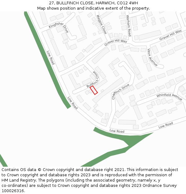 27, BULLFINCH CLOSE, HARWICH, CO12 4WH: Location map and indicative extent of plot