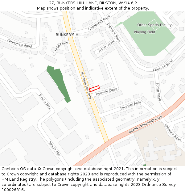 27, BUNKERS HILL LANE, BILSTON, WV14 6JP: Location map and indicative extent of plot