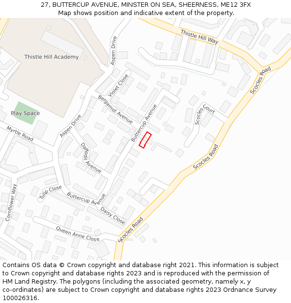 27, BUTTERCUP AVENUE, MINSTER ON SEA, SHEERNESS, ME12 3FX: Location map and indicative extent of plot