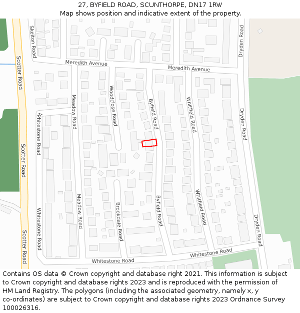 27, BYFIELD ROAD, SCUNTHORPE, DN17 1RW: Location map and indicative extent of plot