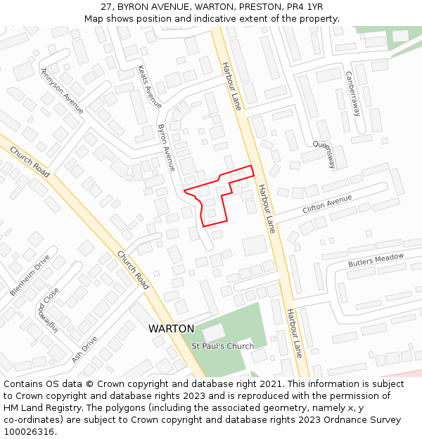 27, BYRON AVENUE, WARTON, PRESTON, PR4 1YR: Location map and indicative extent of plot