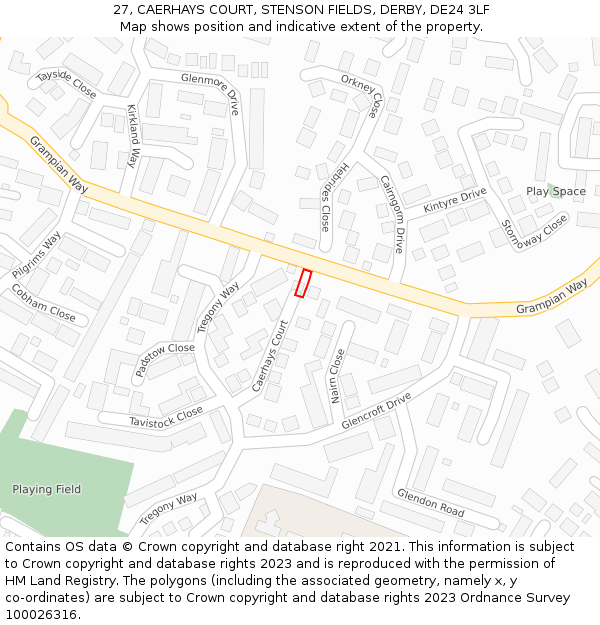 27, CAERHAYS COURT, STENSON FIELDS, DERBY, DE24 3LF: Location map and indicative extent of plot