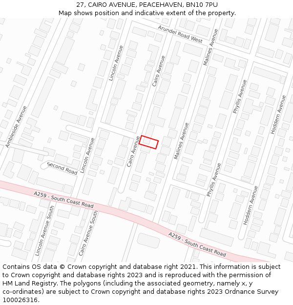 27, CAIRO AVENUE, PEACEHAVEN, BN10 7PU: Location map and indicative extent of plot