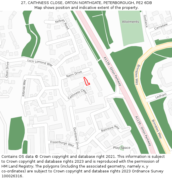27, CAITHNESS CLOSE, ORTON NORTHGATE, PETERBOROUGH, PE2 6DB: Location map and indicative extent of plot