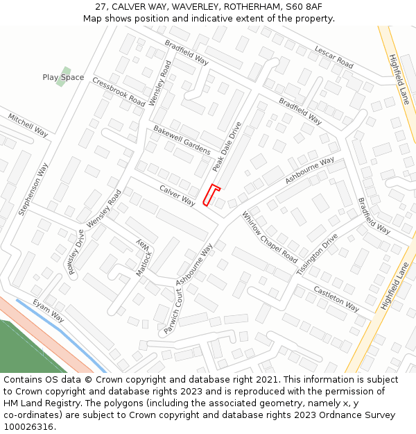 27, CALVER WAY, WAVERLEY, ROTHERHAM, S60 8AF: Location map and indicative extent of plot