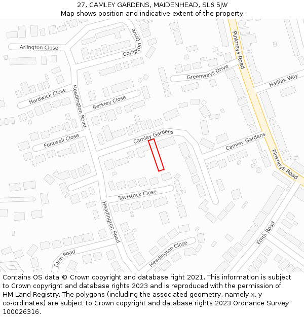 27, CAMLEY GARDENS, MAIDENHEAD, SL6 5JW: Location map and indicative extent of plot