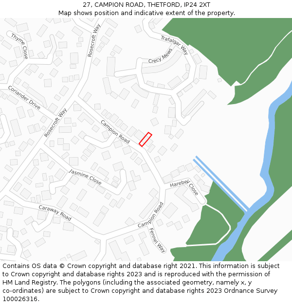 27, CAMPION ROAD, THETFORD, IP24 2XT: Location map and indicative extent of plot