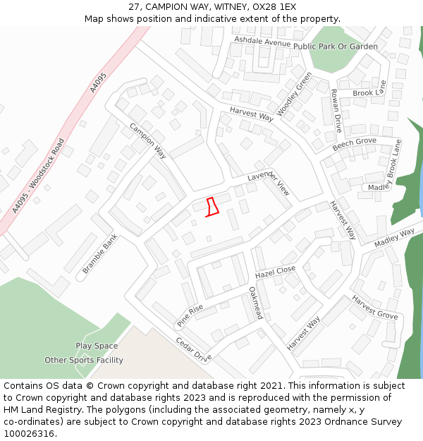27, CAMPION WAY, WITNEY, OX28 1EX: Location map and indicative extent of plot