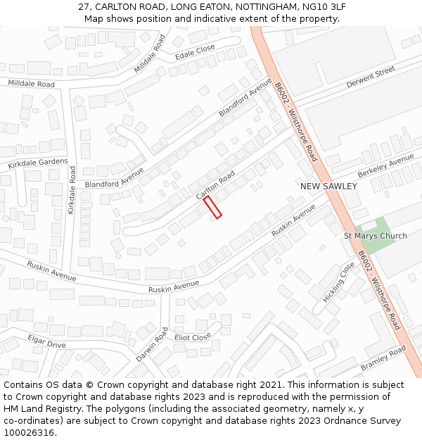 27, CARLTON ROAD, LONG EATON, NOTTINGHAM, NG10 3LF: Location map and indicative extent of plot