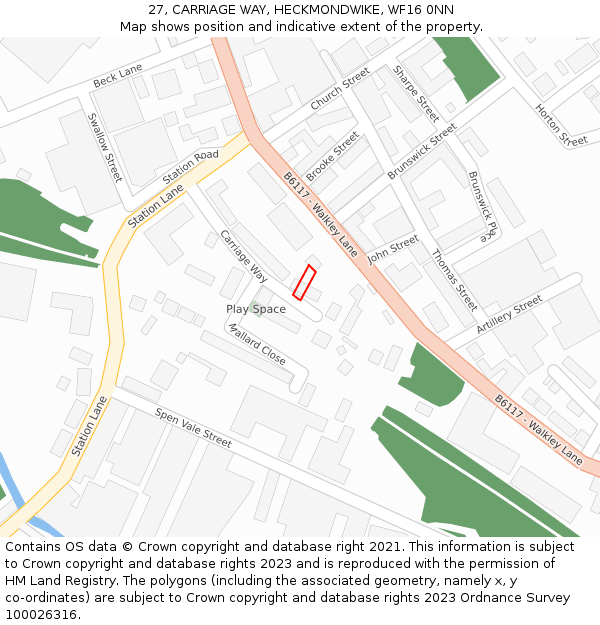 27, CARRIAGE WAY, HECKMONDWIKE, WF16 0NN: Location map and indicative extent of plot