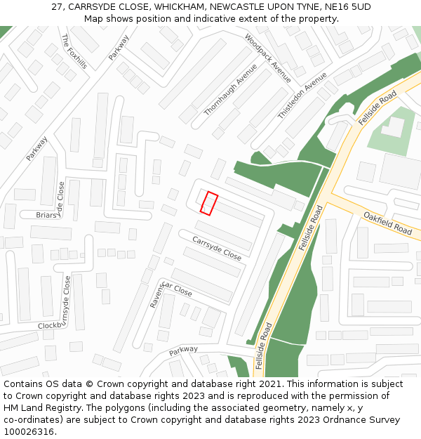 27, CARRSYDE CLOSE, WHICKHAM, NEWCASTLE UPON TYNE, NE16 5UD: Location map and indicative extent of plot