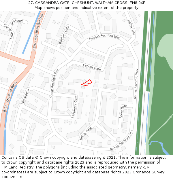 27, CASSANDRA GATE, CHESHUNT, WALTHAM CROSS, EN8 0XE: Location map and indicative extent of plot