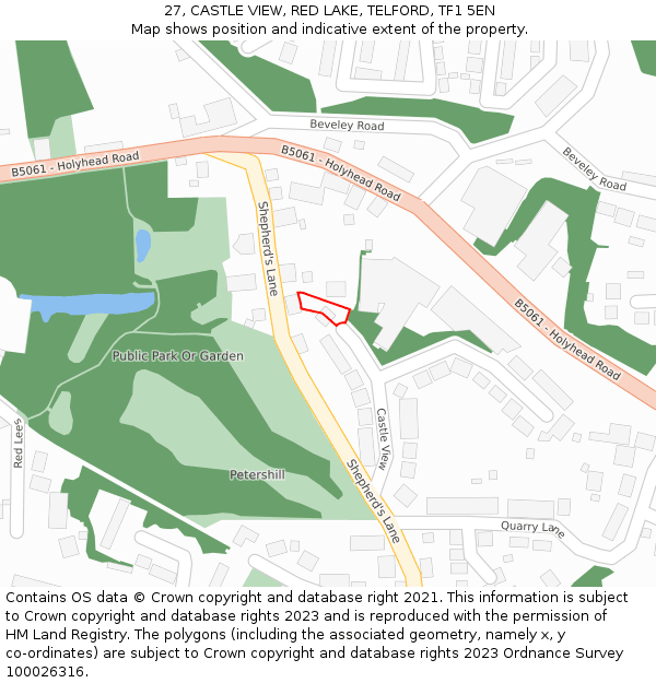 27, CASTLE VIEW, RED LAKE, TELFORD, TF1 5EN: Location map and indicative extent of plot