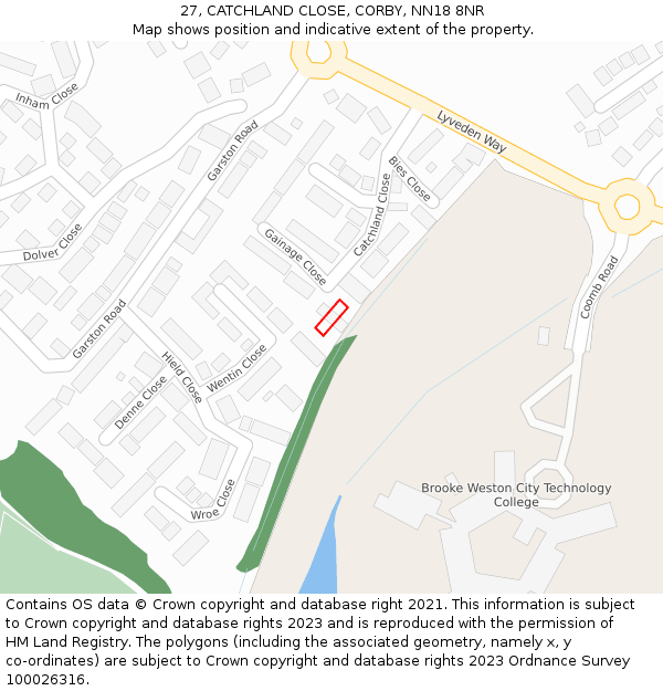 27, CATCHLAND CLOSE, CORBY, NN18 8NR: Location map and indicative extent of plot