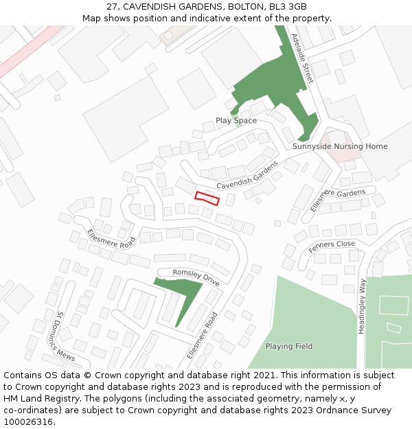 27, CAVENDISH GARDENS, BOLTON, BL3 3GB: Location map and indicative extent of plot