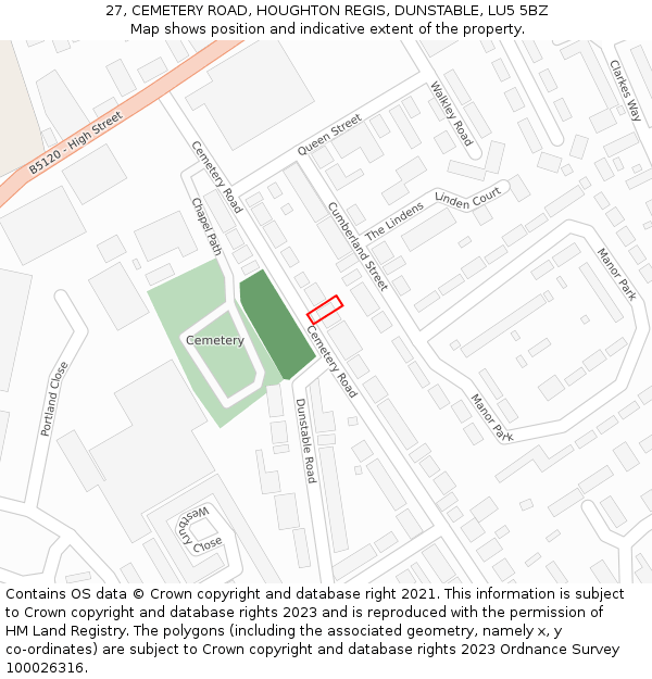 27, CEMETERY ROAD, HOUGHTON REGIS, DUNSTABLE, LU5 5BZ: Location map and indicative extent of plot