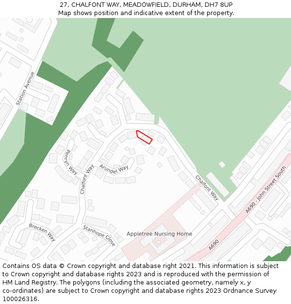 27, CHALFONT WAY, MEADOWFIELD, DURHAM, DH7 8UP: Location map and indicative extent of plot