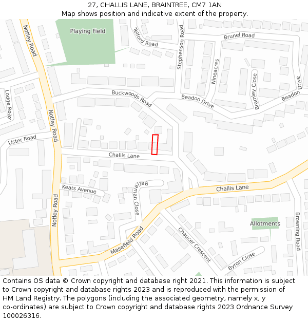 27, CHALLIS LANE, BRAINTREE, CM7 1AN: Location map and indicative extent of plot