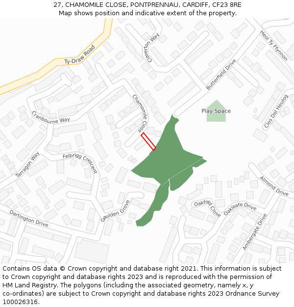 27, CHAMOMILE CLOSE, PONTPRENNAU, CARDIFF, CF23 8RE: Location map and indicative extent of plot