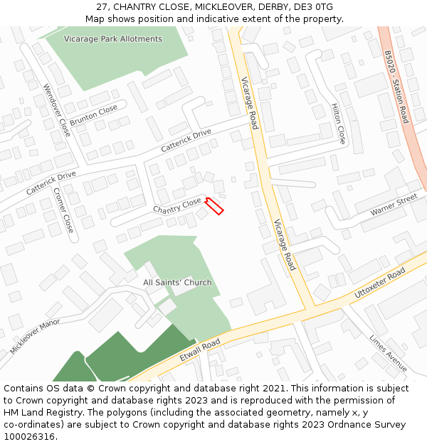 27, CHANTRY CLOSE, MICKLEOVER, DERBY, DE3 0TG: Location map and indicative extent of plot