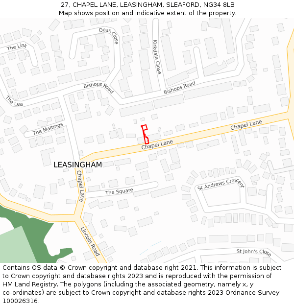 27, CHAPEL LANE, LEASINGHAM, SLEAFORD, NG34 8LB: Location map and indicative extent of plot