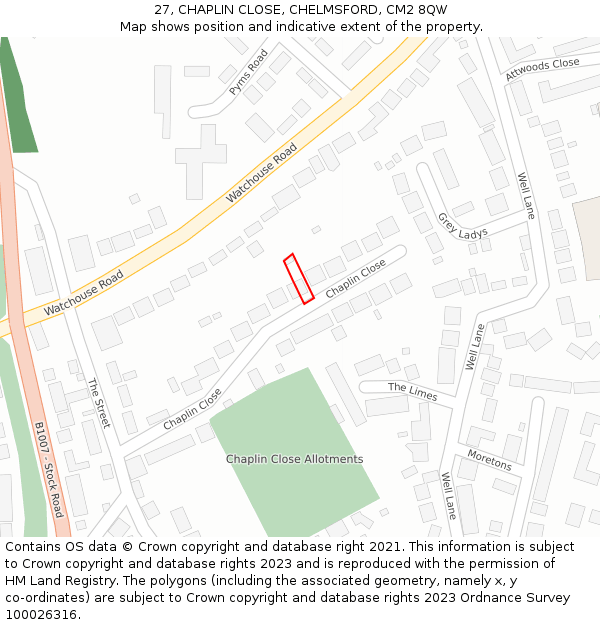 27, CHAPLIN CLOSE, CHELMSFORD, CM2 8QW: Location map and indicative extent of plot