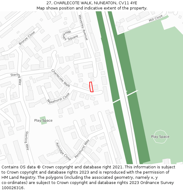 27, CHARLECOTE WALK, NUNEATON, CV11 4YE: Location map and indicative extent of plot