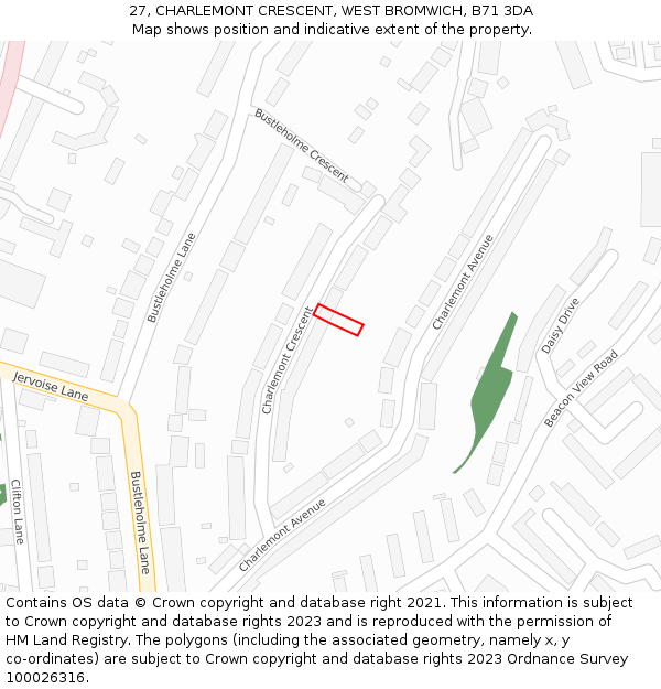 27, CHARLEMONT CRESCENT, WEST BROMWICH, B71 3DA: Location map and indicative extent of plot
