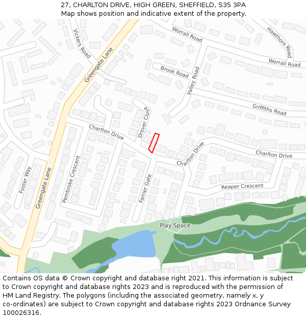 27, CHARLTON DRIVE, HIGH GREEN, SHEFFIELD, S35 3PA: Location map and indicative extent of plot