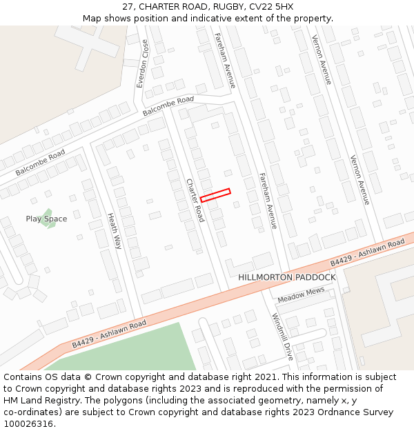 27, CHARTER ROAD, RUGBY, CV22 5HX: Location map and indicative extent of plot