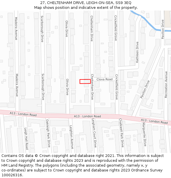 27, CHELTENHAM DRIVE, LEIGH-ON-SEA, SS9 3EQ: Location map and indicative extent of plot
