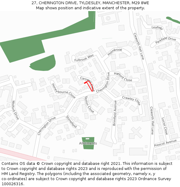 27, CHERINGTON DRIVE, TYLDESLEY, MANCHESTER, M29 8WE: Location map and indicative extent of plot