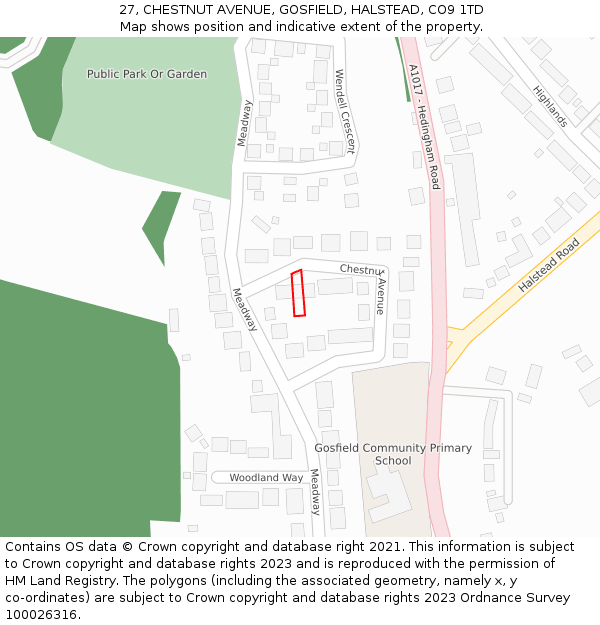 27, CHESTNUT AVENUE, GOSFIELD, HALSTEAD, CO9 1TD: Location map and indicative extent of plot