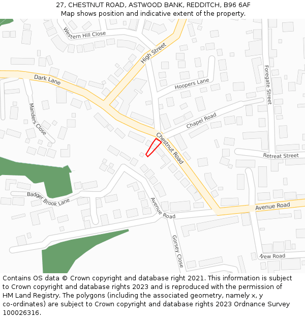 27, CHESTNUT ROAD, ASTWOOD BANK, REDDITCH, B96 6AF: Location map and indicative extent of plot