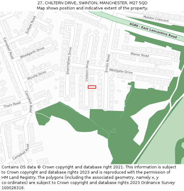 27, CHILTERN DRIVE, SWINTON, MANCHESTER, M27 5QD: Location map and indicative extent of plot