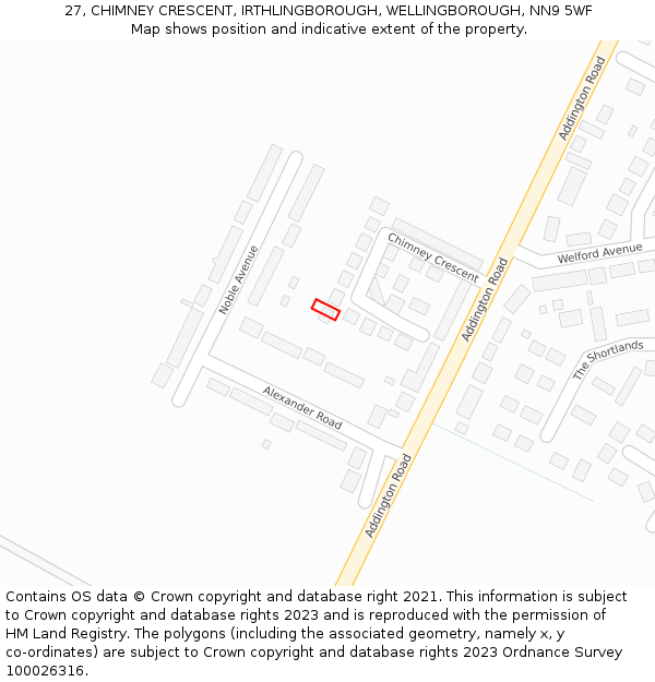 27, CHIMNEY CRESCENT, IRTHLINGBOROUGH, WELLINGBOROUGH, NN9 5WF: Location map and indicative extent of plot