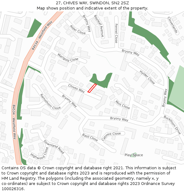 27, CHIVES WAY, SWINDON, SN2 2SZ: Location map and indicative extent of plot