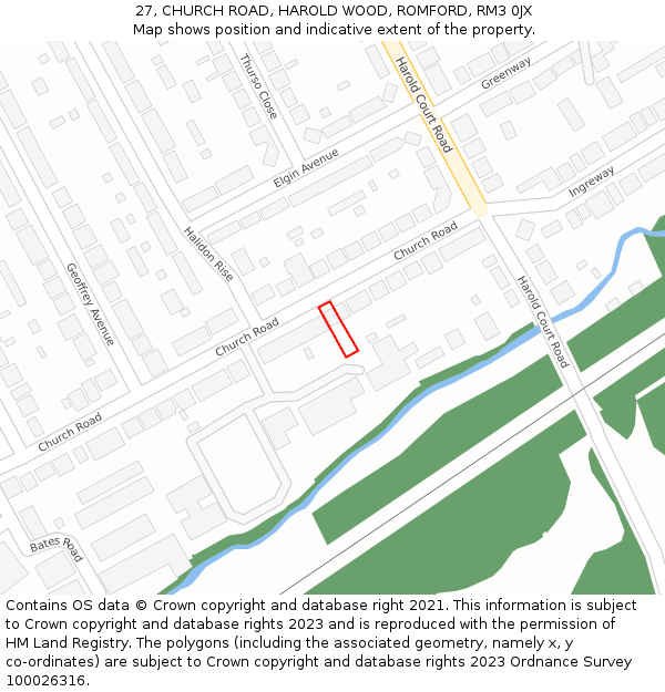 27, CHURCH ROAD, HAROLD WOOD, ROMFORD, RM3 0JX: Location map and indicative extent of plot