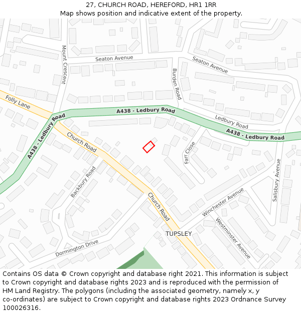 27, CHURCH ROAD, HEREFORD, HR1 1RR: Location map and indicative extent of plot