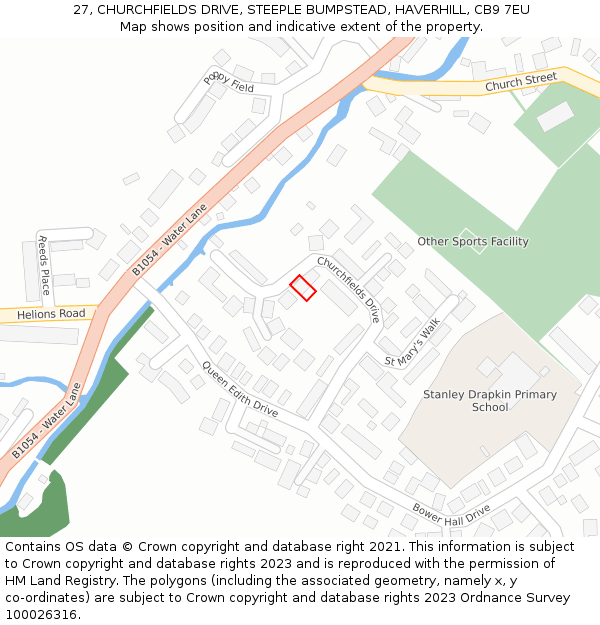 27, CHURCHFIELDS DRIVE, STEEPLE BUMPSTEAD, HAVERHILL, CB9 7EU: Location map and indicative extent of plot