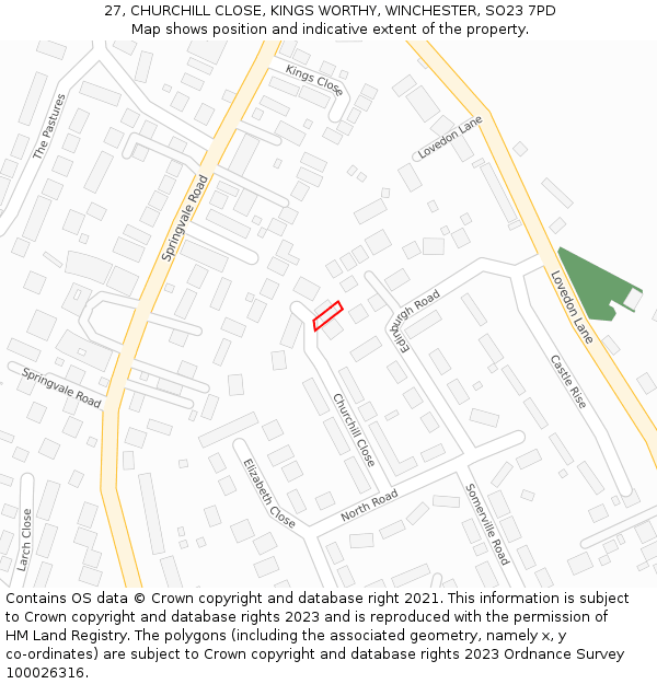 27, CHURCHILL CLOSE, KINGS WORTHY, WINCHESTER, SO23 7PD: Location map and indicative extent of plot