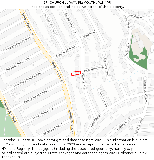 27, CHURCHILL WAY, PLYMOUTH, PL3 4PR: Location map and indicative extent of plot