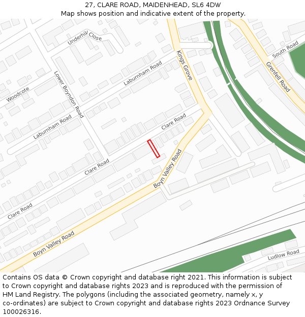 27, CLARE ROAD, MAIDENHEAD, SL6 4DW: Location map and indicative extent of plot