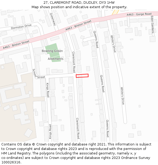 27, CLAREMONT ROAD, DUDLEY, DY3 1HW: Location map and indicative extent of plot