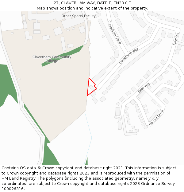 27, CLAVERHAM WAY, BATTLE, TN33 0JE: Location map and indicative extent of plot