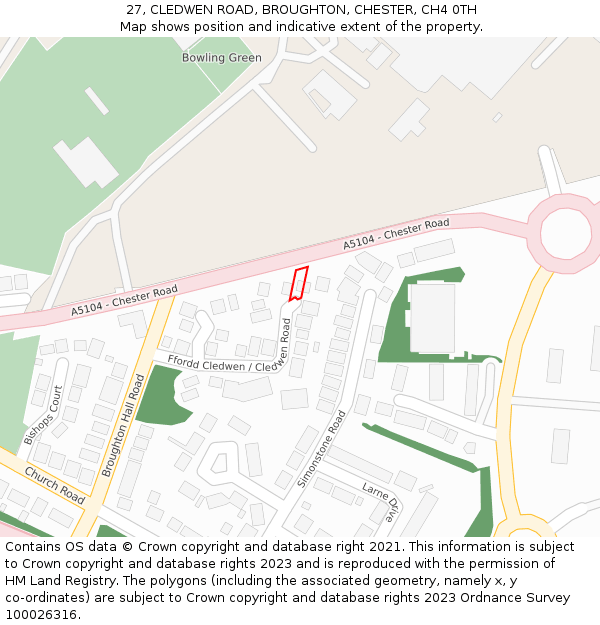 27, CLEDWEN ROAD, BROUGHTON, CHESTER, CH4 0TH: Location map and indicative extent of plot