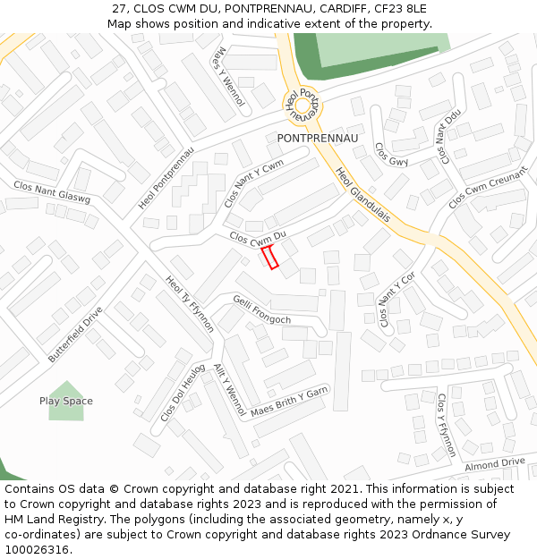 27, CLOS CWM DU, PONTPRENNAU, CARDIFF, CF23 8LE: Location map and indicative extent of plot