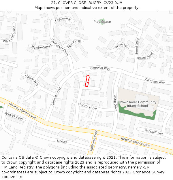 27, CLOVER CLOSE, RUGBY, CV23 0UA: Location map and indicative extent of plot