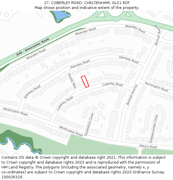 27, COBERLEY ROAD, CHELTENHAM, GL51 6DF: Location map and indicative extent of plot